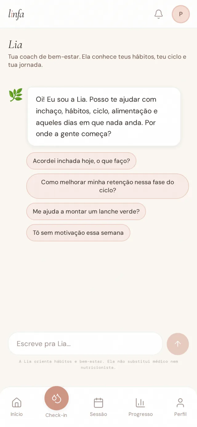 Tela da coach Lia